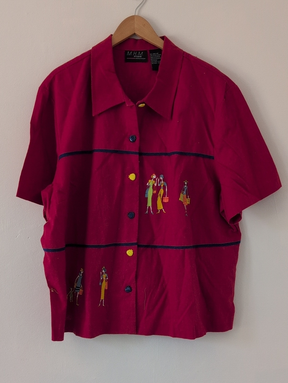 M.H.M. Vintage Quirky Short Sleeve Button-Up Shirt Linen Blend Shopping Sz 24W